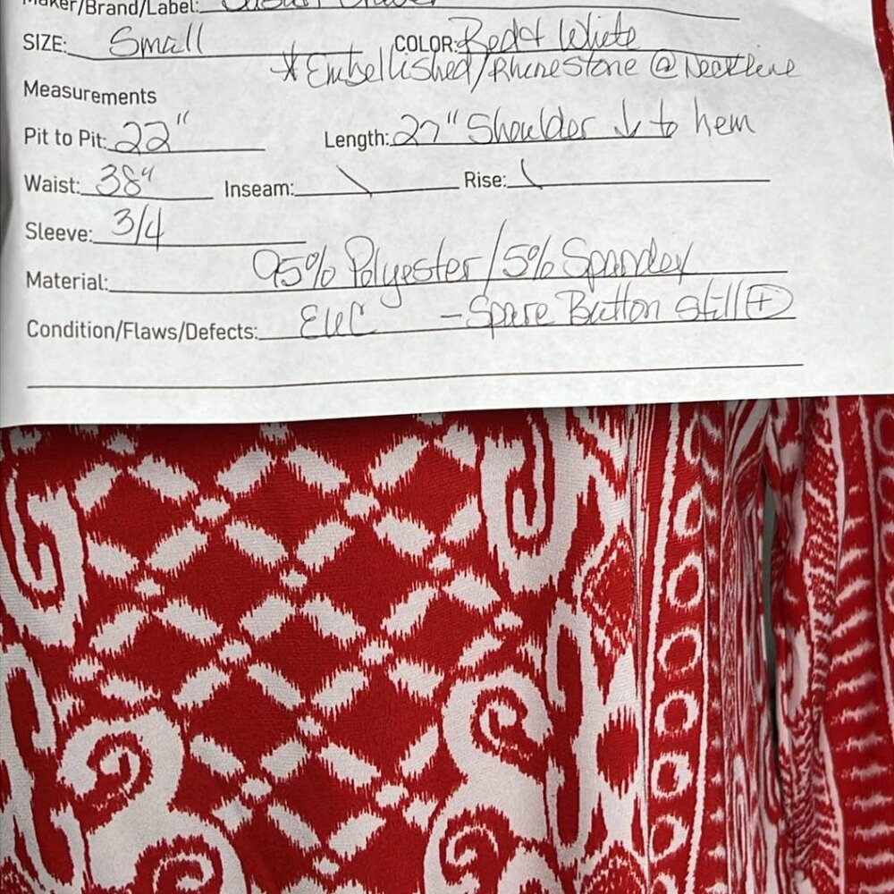 Susan Graver Ikat Red and White Tunic SZ SM 3/4 Sleeve Business Wear Lagenlook - Picture 2 of 9